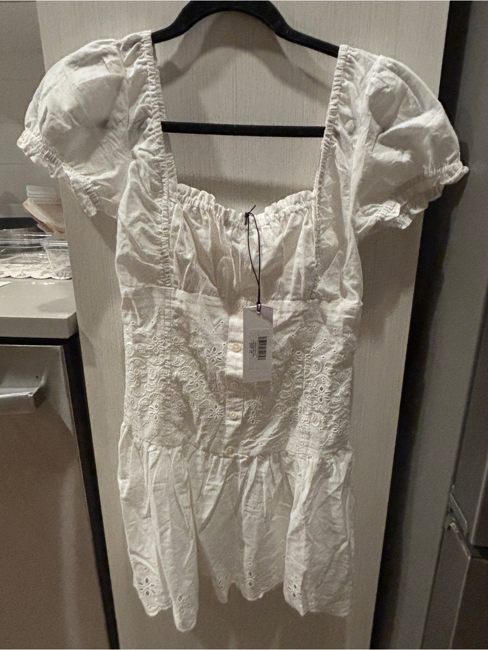 Frankie's Bikinis White Eyelet Puff Sleeve Mini Dress